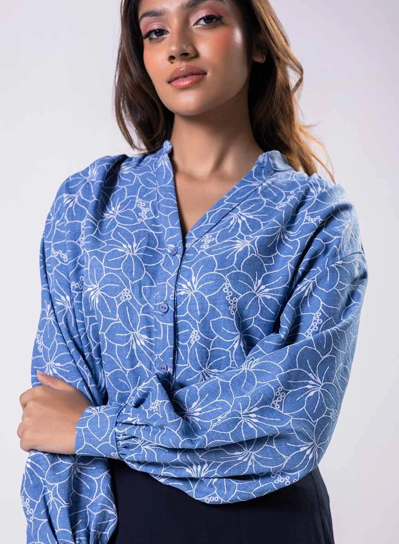 Zigzag V Neck Mandarine Collar Top-Blue